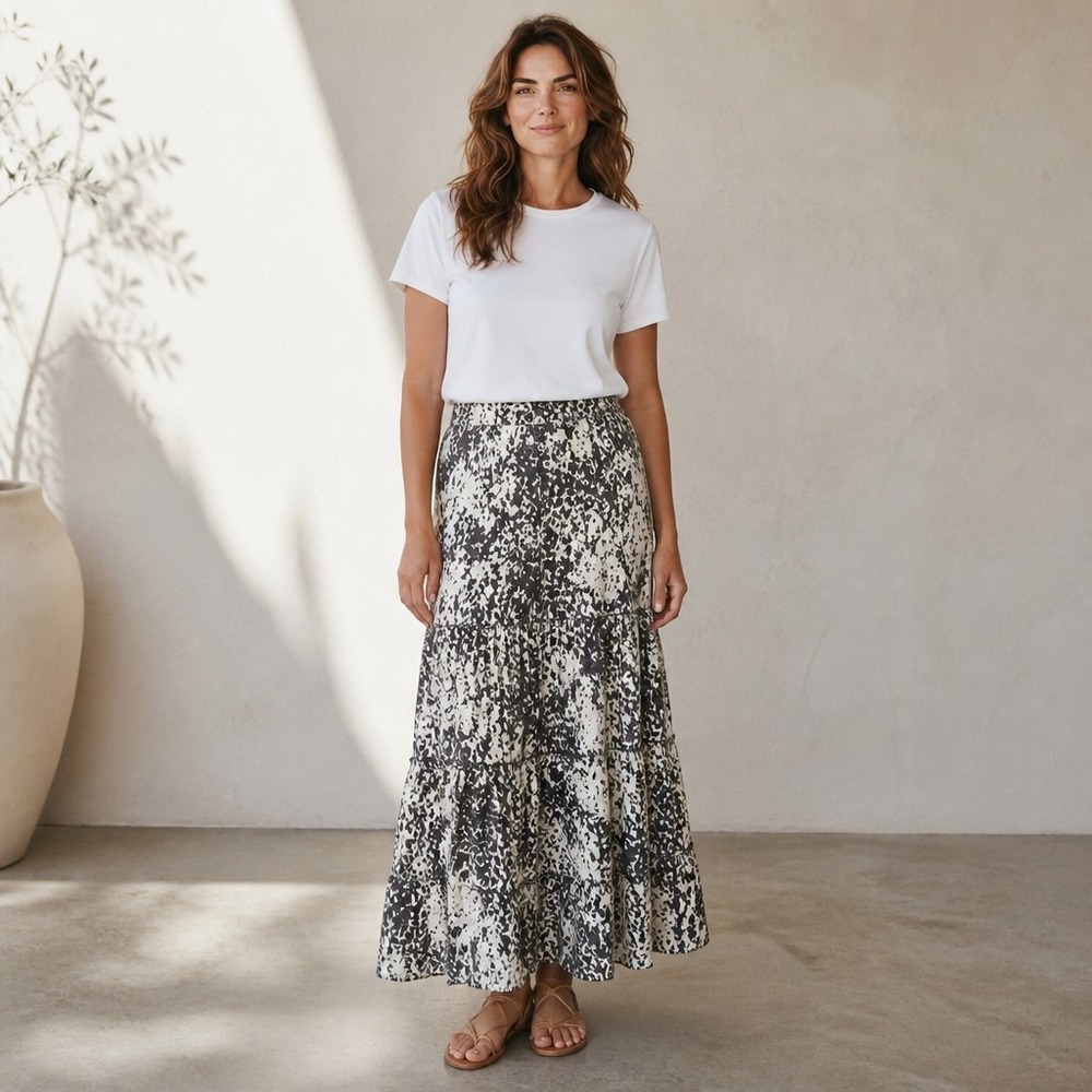 CAbi 781 Tiered Maxi Skirt Small Black Beige Pull-On Prairie Saunter Lightweight